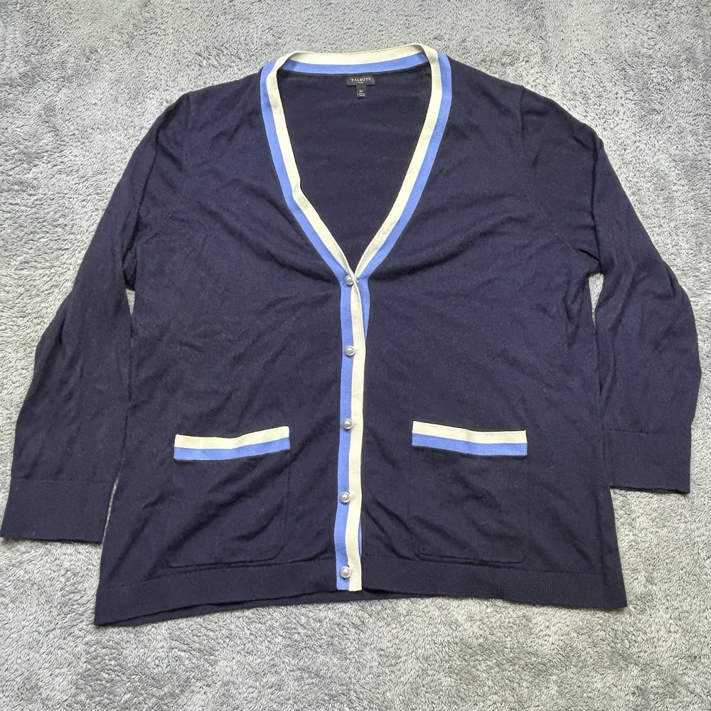 Talbots Cardigan Womens 2X Navy Blue Cashmere Blend Pearl Button Pockets‎ EUC